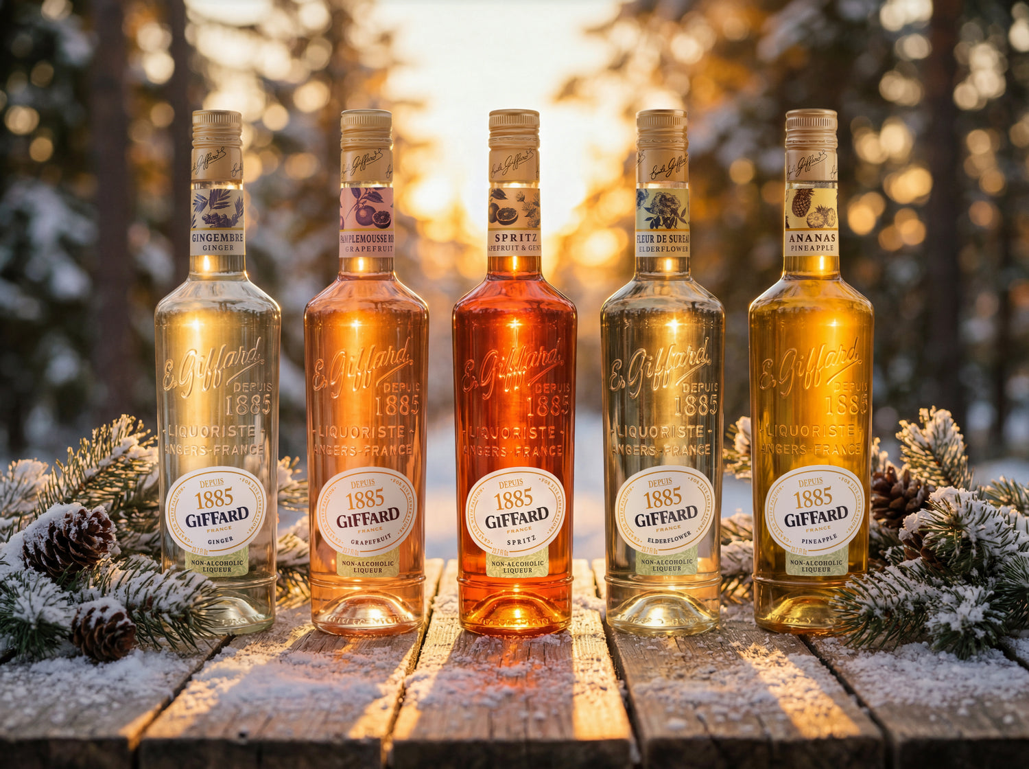 Five bottles of Giffard non-alcoholic liquor on a wooden surface with a snowy background