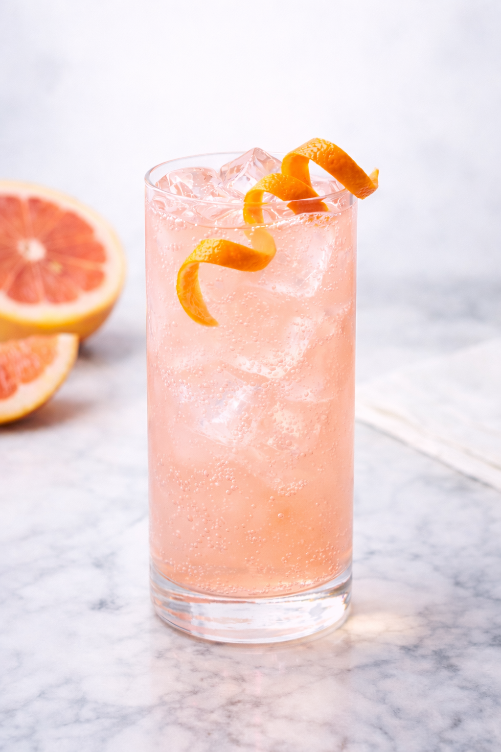 Pink mocktail with grapefruit garnish on a marble surface